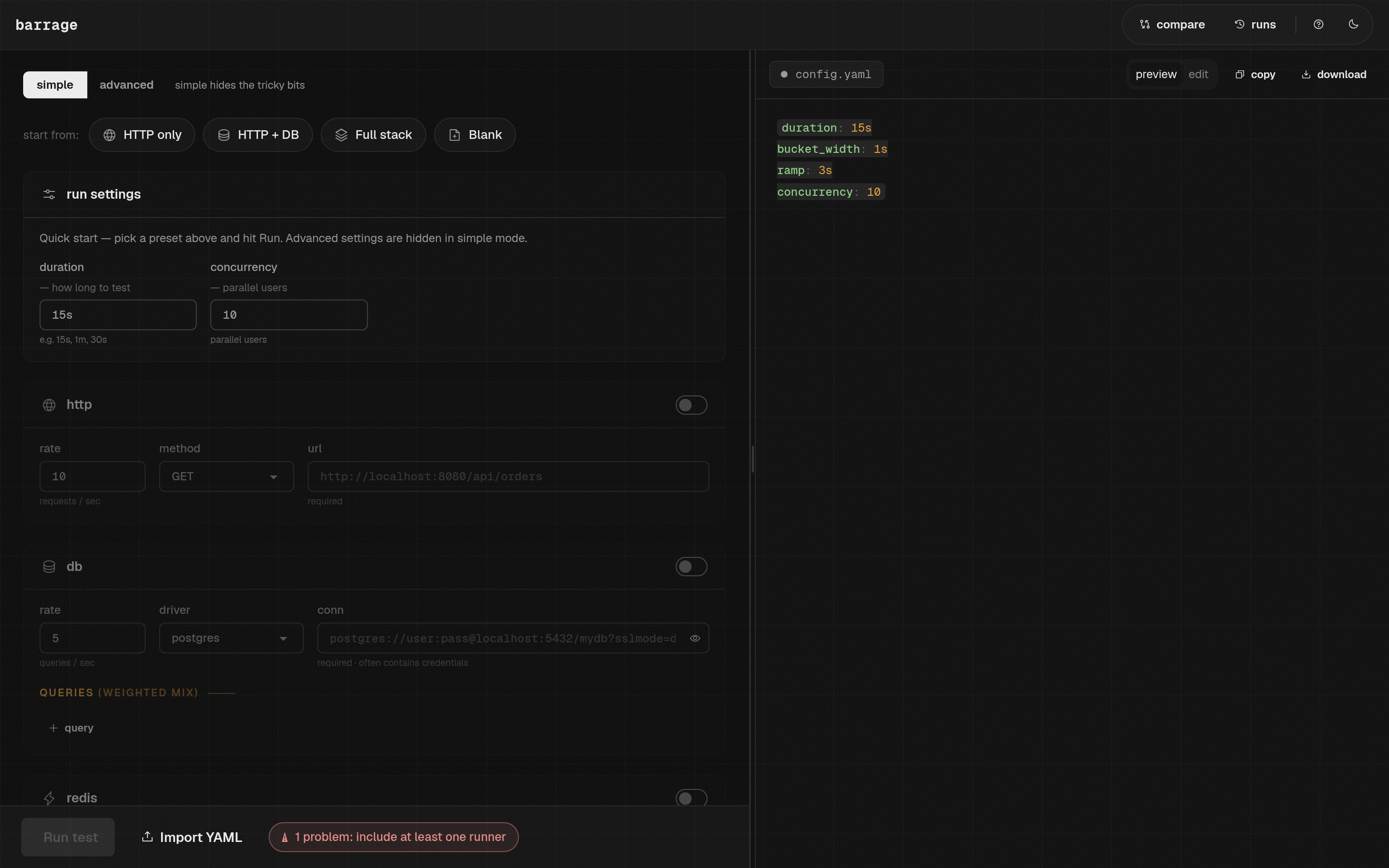 Barrage web UI running locally on localhost:7676: config builder with YAML preview